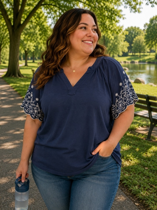 Lane Bryant Tops - Lane Bryant Navy and White Lace Sleeve V Neck Blouse. In EUC
